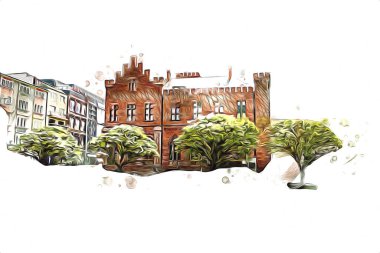 Kolobrzeg eski şehir, belediye binası, poland resim çizimi