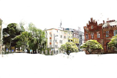 Kolobrzeg eski şehir, belediye binası, poland resim çizimi