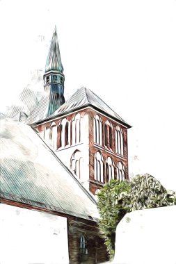 Kolobrzeg eski şehir, belediye binası, poland resim çizimi