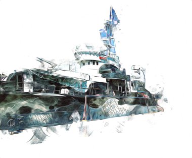 Savaş gemisi deniz illüstrasyonu antika sanat eseri çizimi