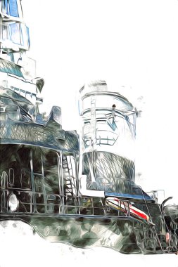 Savaş gemisi deniz illüstrasyonu antika sanat eseri çizimi