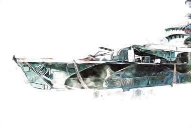 Savaş gemisi deniz illüstrasyonu antika sanat eseri çizimi