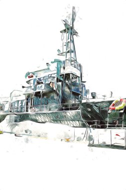 Savaş gemisi deniz illüstrasyonu antika sanat eseri çizimi