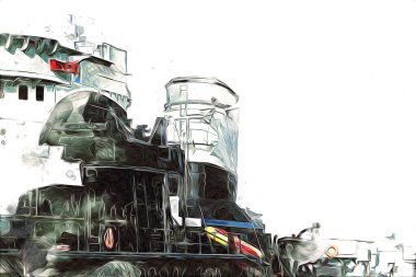 Savaş gemisi deniz illüstrasyonu antika sanat eseri çizimi