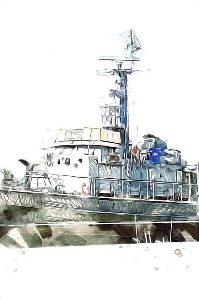 Navio Militar Atravessa Áspero Atlântico Mar Ilustração Vintage Retro Arte — Fotografia de Stock