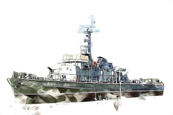 Navire Militaire Passe Par Mer Atlantique Rugueuse Illustration Vintage Art — Photo