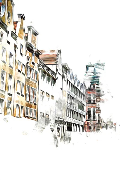 Desenho Aquarela Ilustração Uma Bela Vista Arquitetura Cidade Gdansk Polônia — Fotografia de Stock