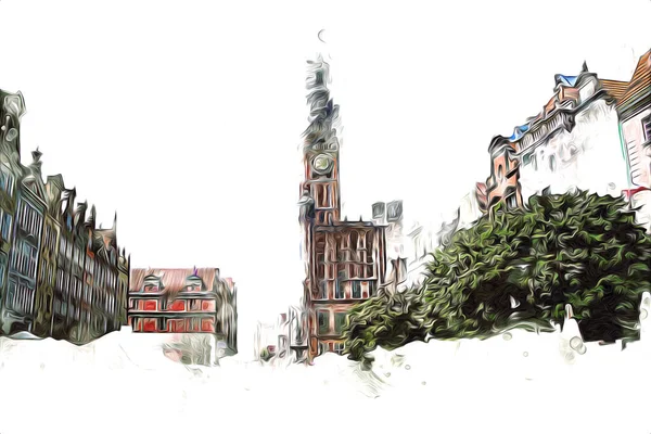 Polonya 'daki Gdansk şehrinin mimarisinin güzel bir görüntüsünün suluboya çizimi veya çizimi