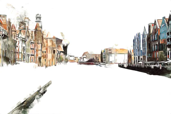 Polonya 'daki Gdansk şehrinin mimarisinin güzel bir görüntüsünün suluboya çizimi veya çizimi