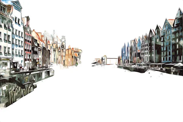 Polonya 'daki Gdansk şehrinin mimarisinin güzel bir görüntüsünün suluboya çizimi veya çizimi