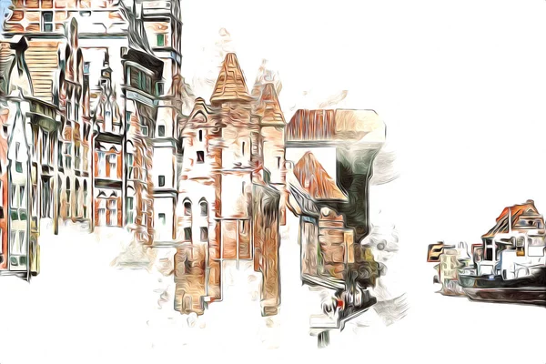 Polonya 'daki Gdansk şehrinin mimarisinin güzel bir görüntüsünün suluboya çizimi veya çizimi