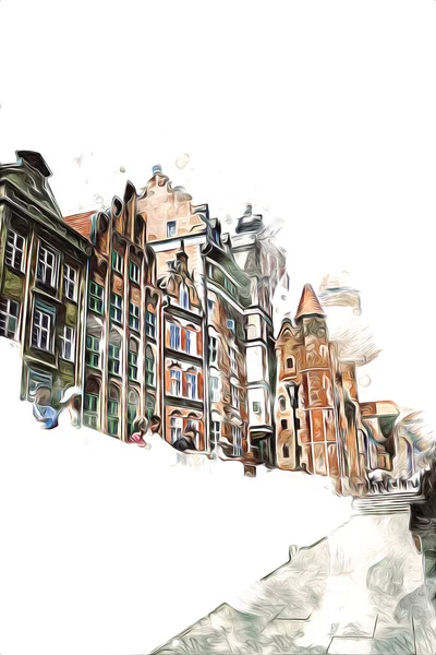 Polonya 'daki Gdansk şehrinin mimarisinin güzel bir görüntüsünün suluboya çizimi veya çizimi