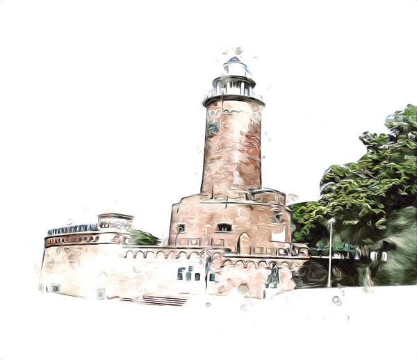 El çizimi suluboya deniz feneri illüstrasyon sanat klasiği çizimi