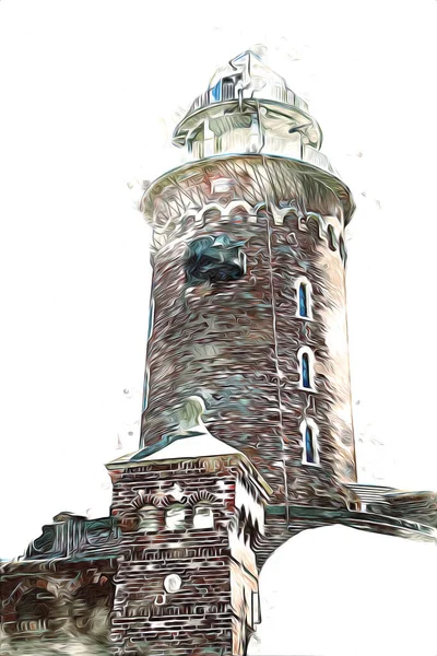 El çizimi suluboya deniz feneri illüstrasyon sanat klasiği çizimi