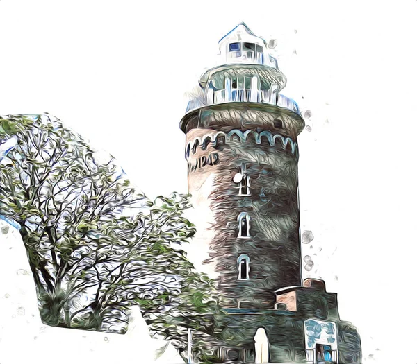 El çizimi suluboya deniz feneri illüstrasyon sanat klasiği çizimi