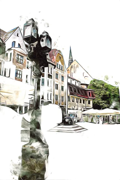 Kolobrzeg eski şehir, belediye binası, poland resim çizimi