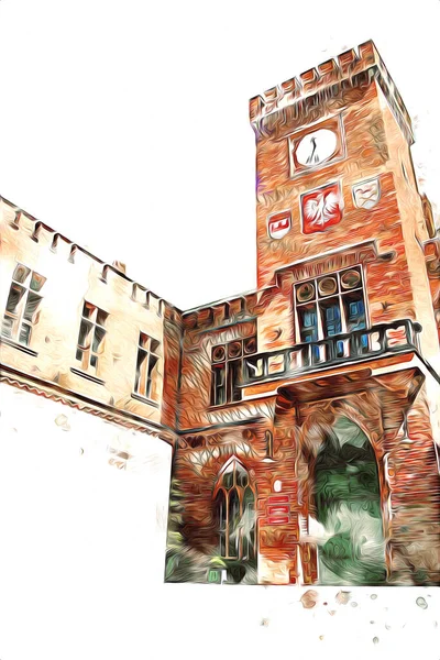 Kolobrzeg eski şehir, belediye binası, poland resim çizimi