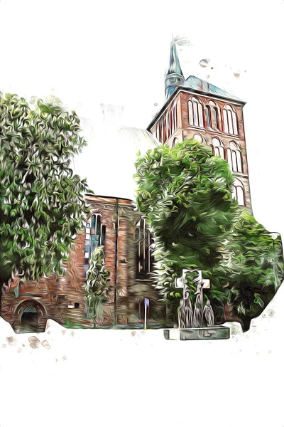 Kolobrzeg eski şehir, belediye binası, poland resim çizimi