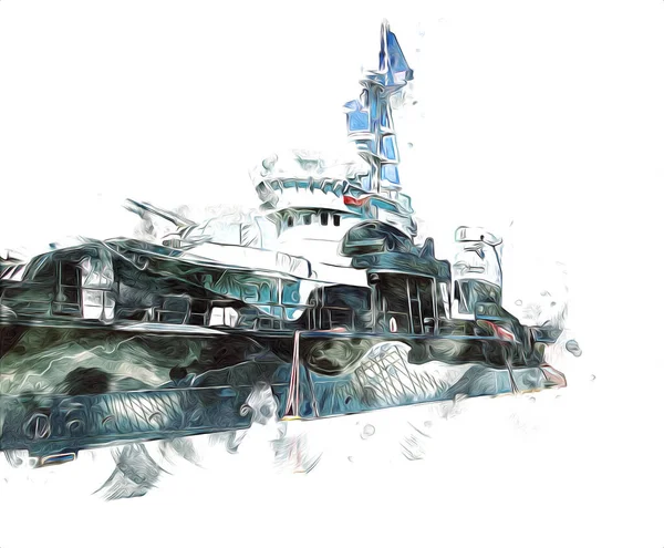 Savaş gemisi deniz illüstrasyonu antika sanat eseri çizimi