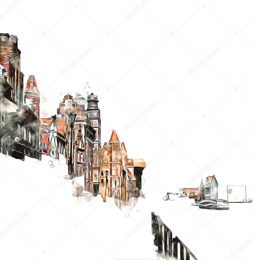 Watercolor sketch or illustration of a beautiful view of the architecture of the city of Gdansk in Poland