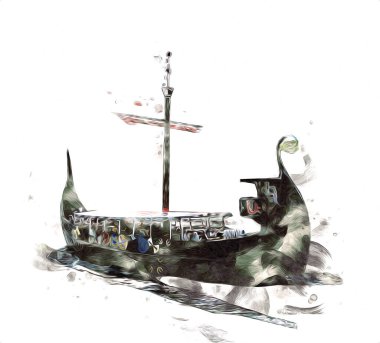 Deniz illüstrasyonunda yelken açan korsan gemisi klasik eskiz çiziyor.