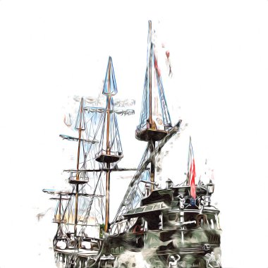 Deniz illüstrasyonunda yelken açan korsan gemisi klasik eskiz çiziyor.