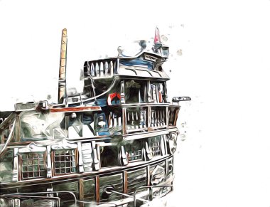 Deniz illüstrasyonunda yelken açan korsan gemisi klasik eskiz çiziyor.