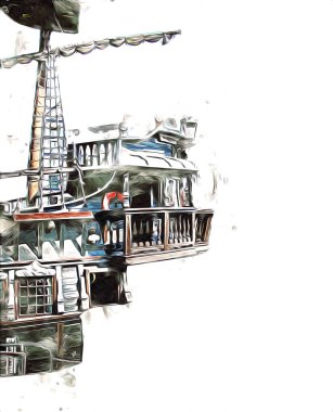 Deniz illüstrasyonunda yelken açan korsan gemisi klasik eskiz çiziyor.