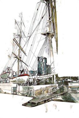 Antika tekne deniz motifi el yapımı sanat eseri çizimi