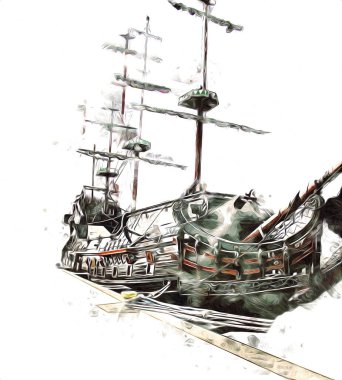 Antika tekne deniz motifi el yapımı sanat eseri çizimi