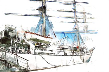 Antika tekne deniz motifi el yapımı sanat eseri çizimi