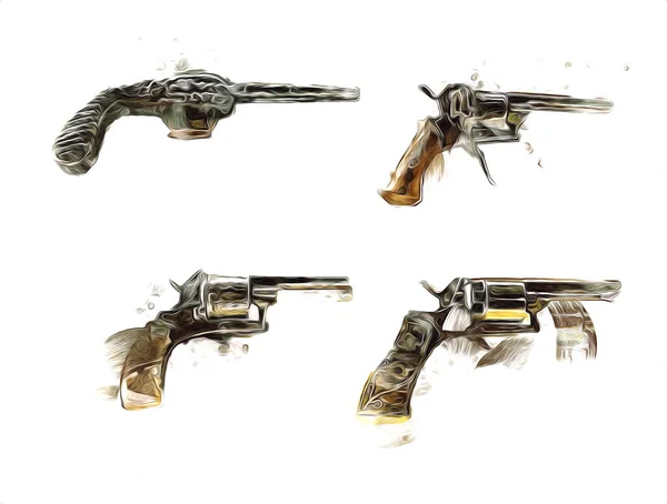 Revolver Illustration Pistolet Vintage Dessinée Main Ensemble Vieux Pistolets Style — Photo