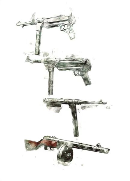 Revolver Ilustrace Ručně Tasené Pistole Sada Starých Pistolí Stylu Rytí — Stock fotografie
