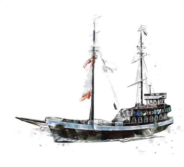 Nave Pirata Vela Sul Mare Illustrazione Arte Disegno Schizzo Vintage — Foto Stock