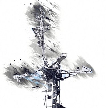 Donanma gemisinde askeri radar takibi, sanat eseri çizimi klasik.