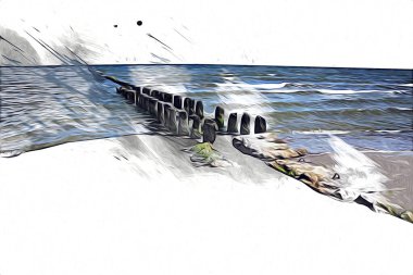 Beyaz kumlu güzel bir sahil, yaz tatili sanat çizimleri için doğal arka plan.