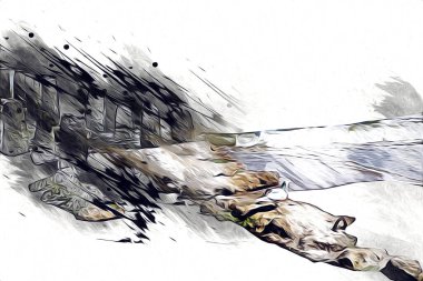 Beyaz kumlu güzel bir sahil, yaz tatili sanat çizimleri için doğal arka plan.