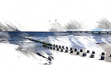 Beyaz kumlu güzel bir sahil, yaz tatili sanat çizimleri için doğal arka plan.