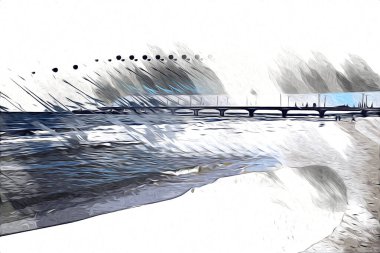 Beyaz kumlu güzel bir sahil, yaz tatili sanat çizimleri için doğal arka plan.