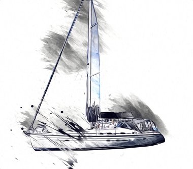 Yelkenli tekneler marina sanat illüstrasyonuna yerleştirildi.