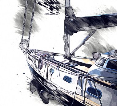 Yelkenli tekneler marina sanat illüstrasyonuna yerleştirildi.