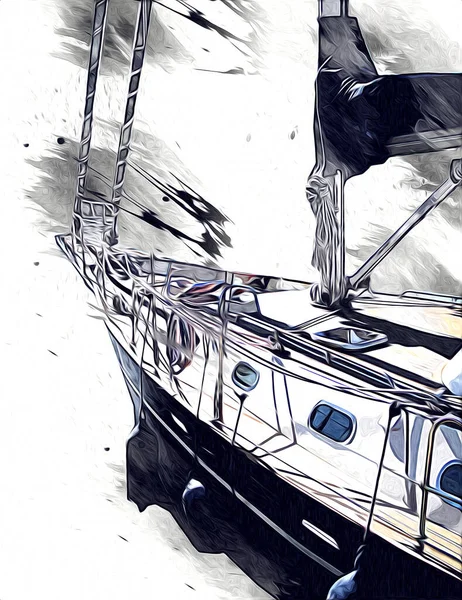 Yelkenli tekneler marina sanat illüstrasyonuna yerleştirildi.