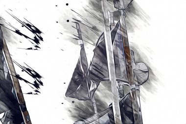 Rüzgarda dalgalanan renkli deniz yelkenli bayrakları sanat eseri çizimleri