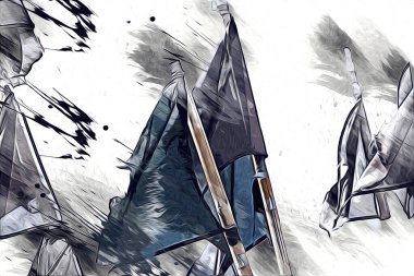 Rüzgarda dalgalanan renkli deniz yelkenli bayrakları sanat eseri çizimleri