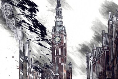 Polonya 'daki Gdansk şehrinin mimarisinin güzel bir görüntüsünün suluboya çizimi veya çizimi