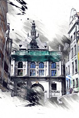 Polonya 'daki Gdansk şehrinin mimarisinin güzel bir görüntüsünün suluboya çizimi veya çizimi