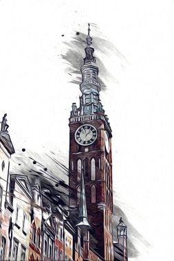 Polonya 'daki Gdansk şehrinin mimarisinin güzel bir görüntüsünün suluboya çizimi veya çizimi