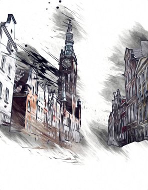 Polonya 'daki Gdansk şehrinin mimarisinin güzel bir görüntüsünün suluboya çizimi veya çizimi