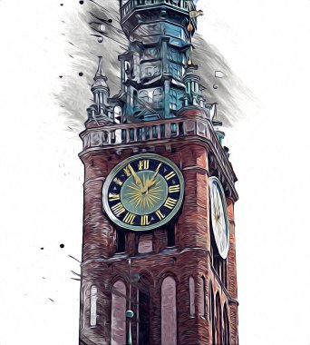 Polonya 'daki Gdansk şehrinin mimarisinin güzel bir görüntüsünün suluboya çizimi veya çizimi