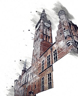 Polonya 'daki Gdansk şehrinin mimarisinin güzel bir görüntüsünün suluboya çizimi veya çizimi